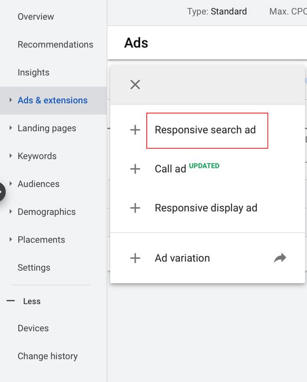 Select responsive search ad from the Ad menu